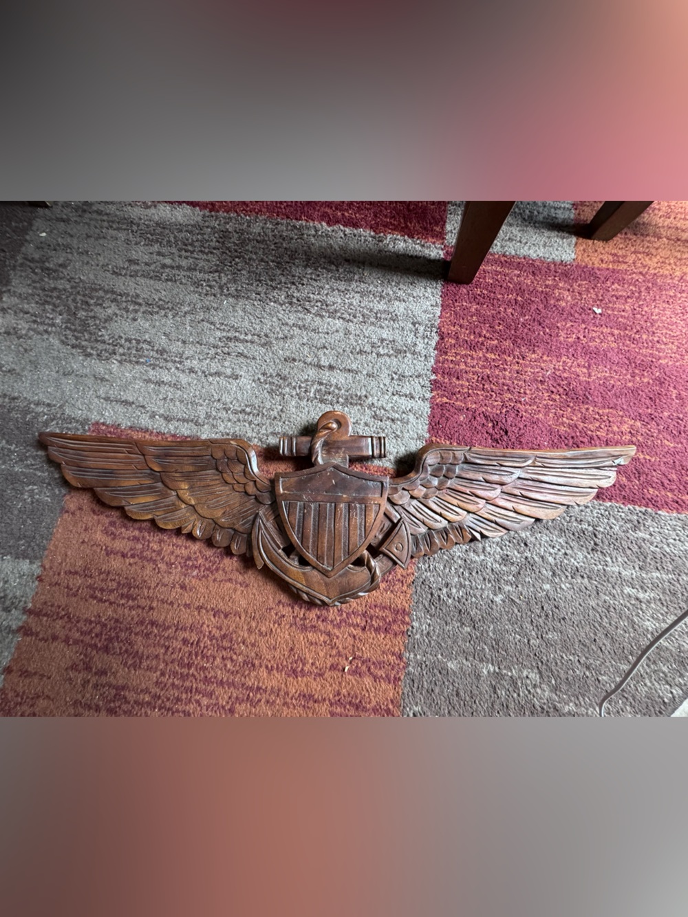 Vintage Hand Carved Wood Patriotic EAGLE WINGS & ANCHOR, US Navy 24” X 8 1/2”